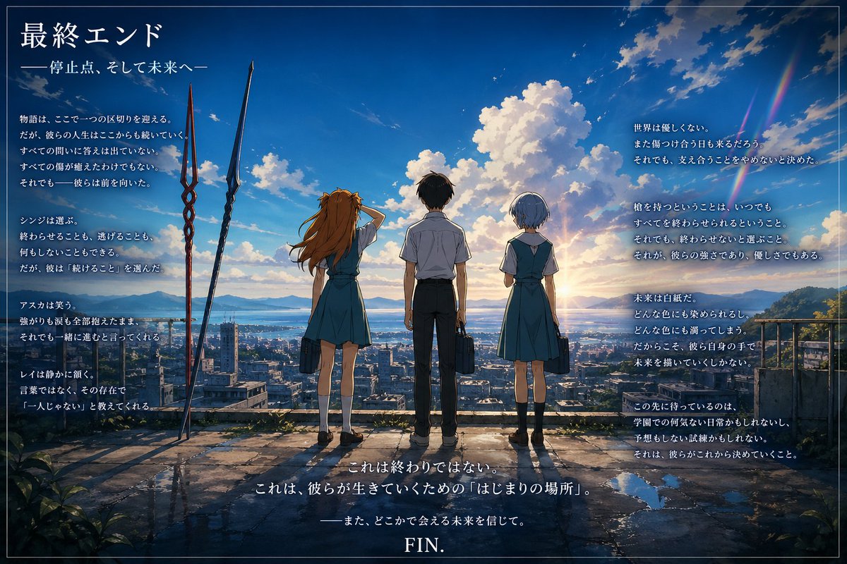 pikusasu1980's tweet image. 新しい始まりへの希望 chatgpt.com/s/m_69f165e462… #シン・エヴァンゲリオン　＃もう一つのエヴァンゲリオン　＃ChatGPT　＃生成AI画像　　　　　　　　チャッピーと論争してたどり着いた、もう一つの「エヴァンゲリオン」の最終エンド画像。画像もAI生成です。