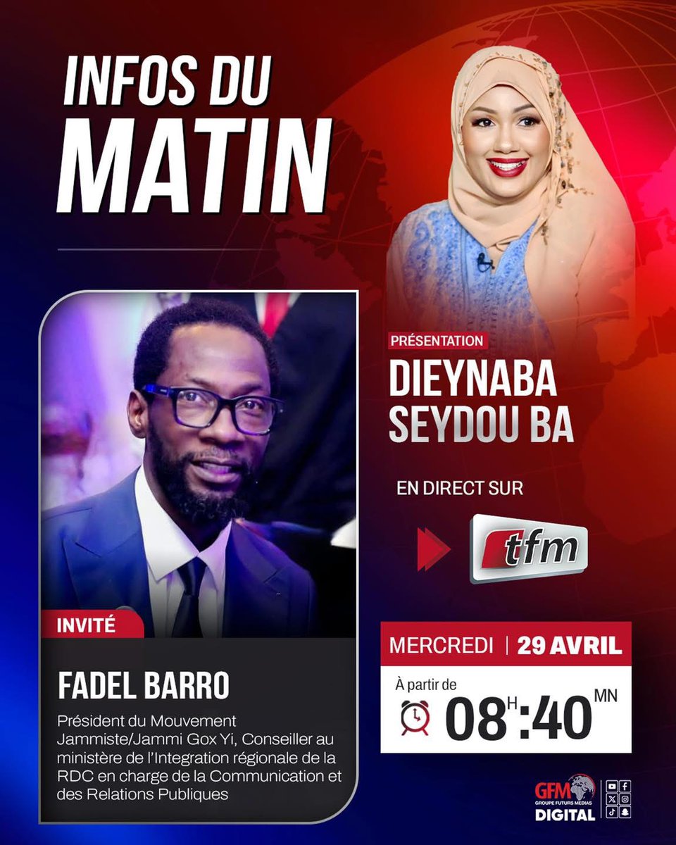 BarroFadel's tweet photo. Retrouvez Fadel Barro en invité ce mercredi 29 avril à partir de 08h40 sur TFM.
Un échange à ne pas manquer sur les enjeux actuels. https://t.co/DCL1iuUHKE