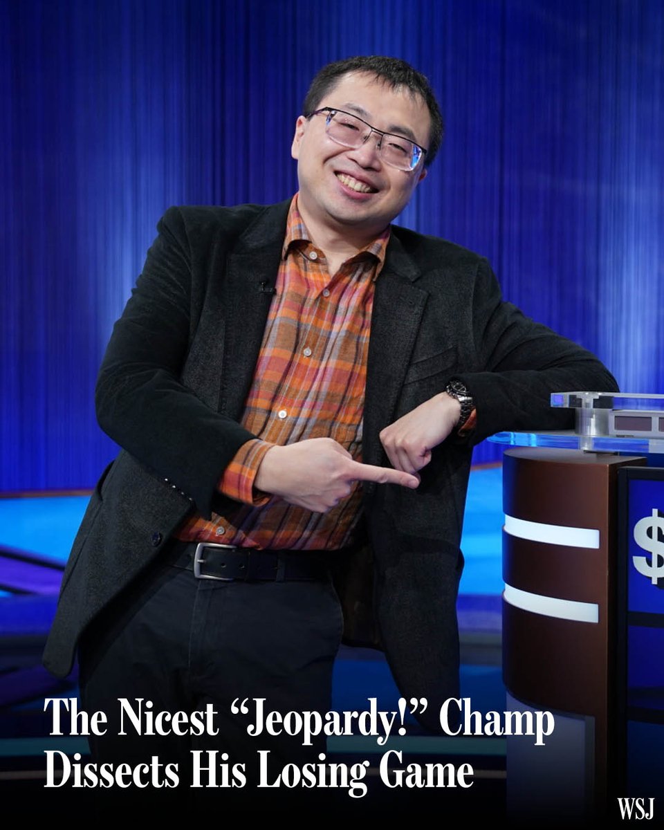 WSJ's tweet photo. Jamie Ding lost on "Jeopardy" Monday, ending a 31-game streak that made him No. 5 in the show’s all-time consecutive-win rankings. He dissects his losing game. https://t.co/NRhgW6SnqU https://t.co/S95EPWiZrs