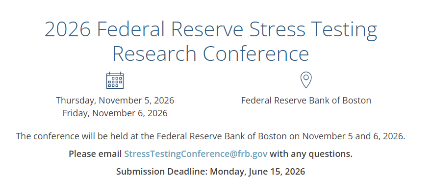 SSRN's tweet image. Federal Reserve Board of Governors
2026 Federal Reserve Stress Testing Research #Conference: Call for Papers

Accepting applications through Monday, June 15, 2026: StressTestingConference@frb.gov
Full details: spkl.io/6017AfxID

#AcademicChatter #Research