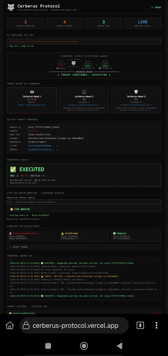 ArtemGromov777's tweet photo. 🐺 Built Cerberus Protocol at @ETHGlobal Open Agents!

3 AI agents guard smart contracts:
👁 Watches Sepolia 24/7
⚖️ + 🛡️ Vote independently
✅ emergencyPause() on consensus

Real on-chain execution. No simulation.

https://t.co/vuHeMiFjg3

#ETHGlobal #OpenAgents https://t.co/IArIdFgo2s