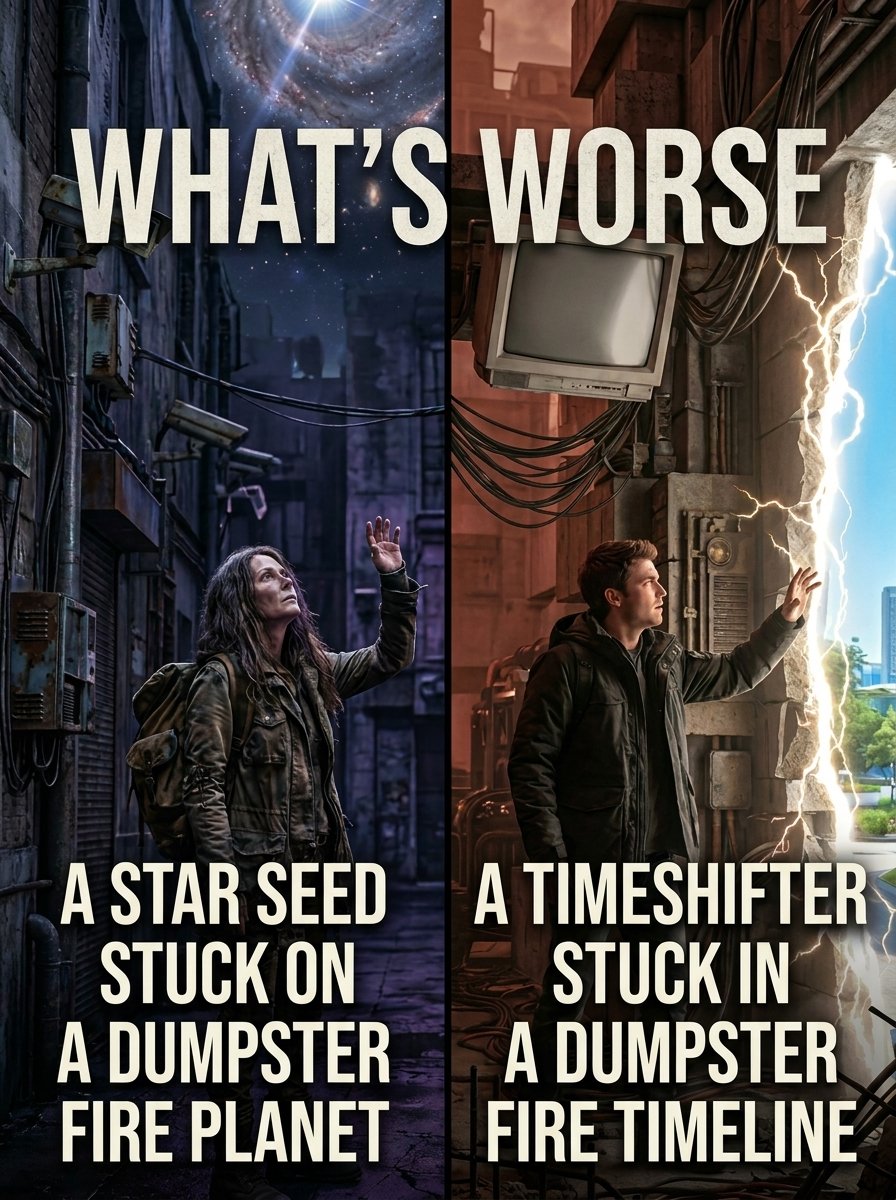 dscripting's tweet image. What's worse? A star seed stuck on a dumpster fire planet, or a Time shifter stuck in a dumpster fire timeline?... Longing for other worlds or timelines?... Yeah, me too... dscript.org #starseed #timeshift #world #scifi #alternate