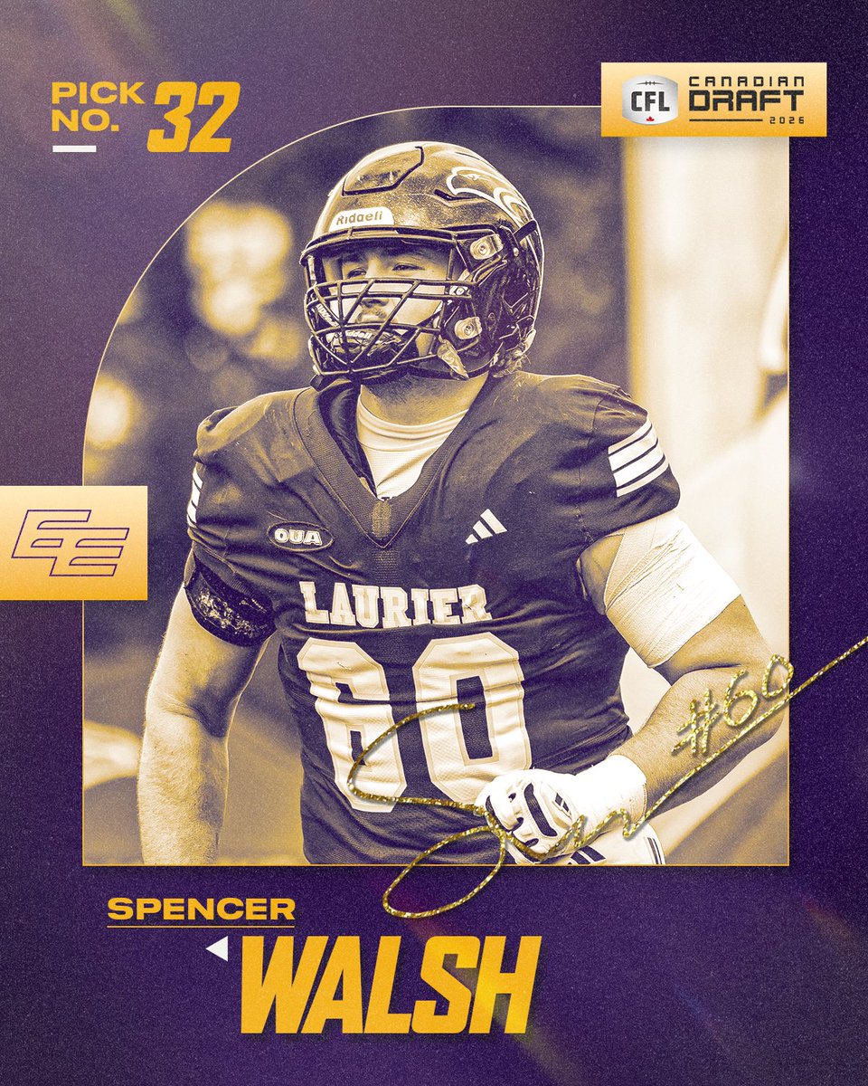 WLUAthletics's tweet photo. Walsh is heading West! ⬅️

@LaurierFootball offensive lineman Spencer Walsh has been selected by @GoElks with the 32nd overall pick in the 2026 CFL Canadian Draft.

#CFLDraft • #SoarAbove https://t.co/TpnJi3IWaf