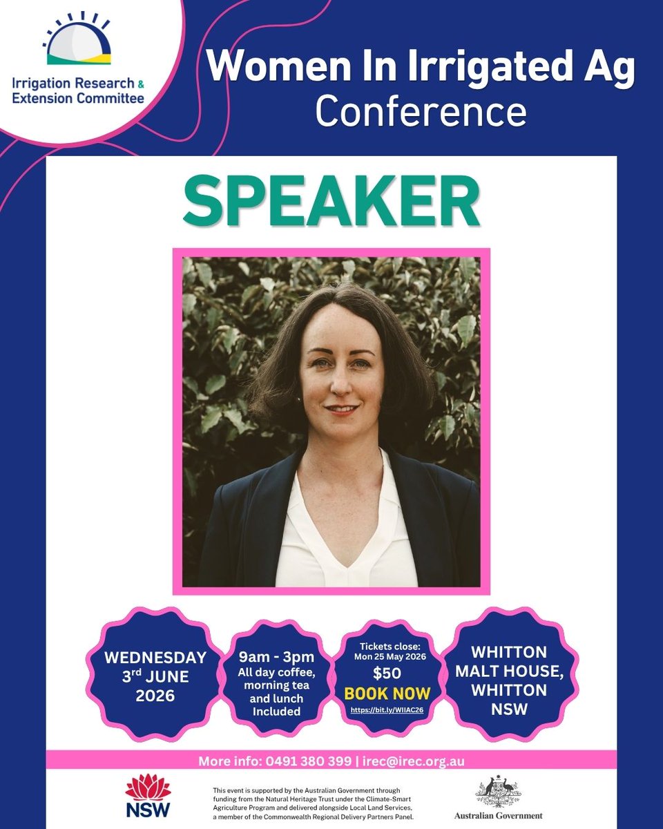 IRECNSW's tweet photo. Speaker Announcement 🎙️- Carmen Quade, owner of AgriFocused! Carmen will be Speaking at our Women In Irrigated Ag Conference on Financial Literacy!
🎟️TICKETS: https://t.co/FWtUeY5CUB
#IREC #WIIAConference #Womeninirrigatedag #NaturalHeritageTrust @DAFFgov @LLS @AgriFocused https://t.co/MsNyWfKXrw