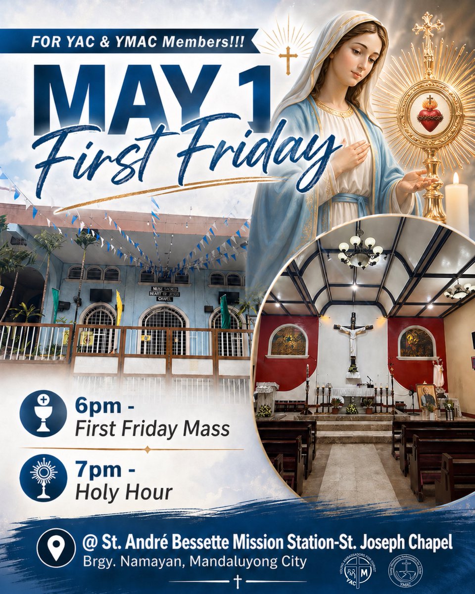 YACmomqpm's tweet image. This First Friday, let us come together as one family before the Lord.

May we begin the month of May with prayer, thanksgiving, and a heart ready to listen to Jesus. 

Come, pray, and be still in His presence. 

Jesus is waiting for you. 

#YAC #YMAC #FirstFriday #HolyHour