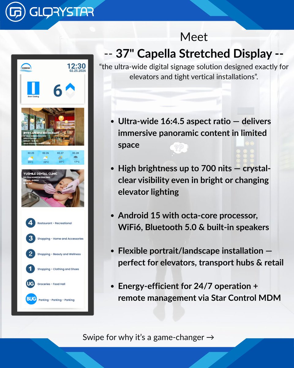 glorystartouch's tweet image. Elevator rides will NEVER be boring again!
Say hello to Capella Stretched Display  ultra-wide, super bright, slim design perfect for tight elevator spaces, turning every floor into a mini cinema!
Perfect for #ads, #buildinginfo, #promotions, or just making the ride way more fun.