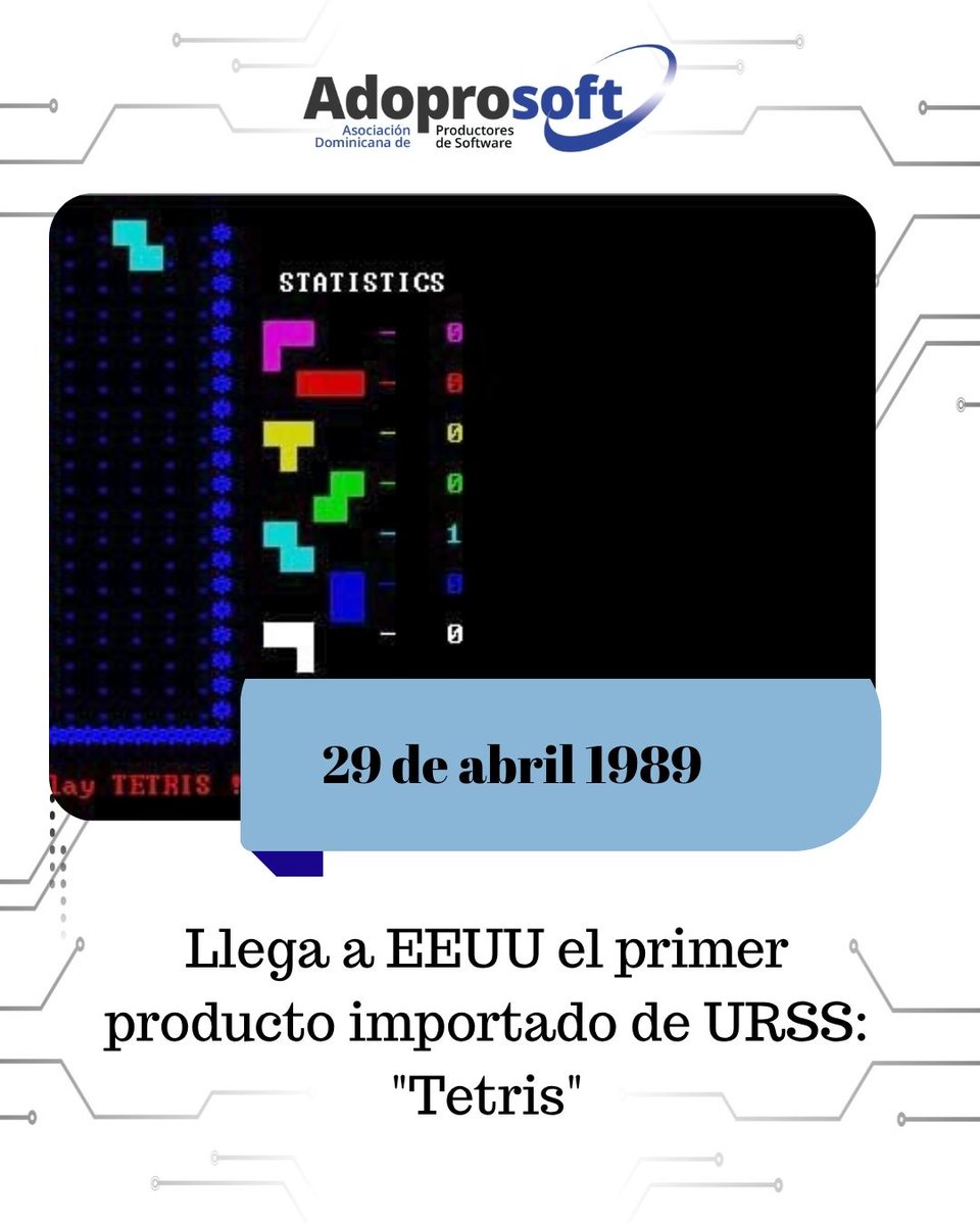 adoprosoftrd's tweet image. 29 de abril de 1989 🎮
Tetris llega a EE.UU. junto a la Nintendo Game Boy
Creado por Alexey Pajitnov, se convirtió en el primer gran software de entretenimiento de la URSS en conquistar Occidente #adoprosoftrd #Tetris #Gaming #Retro #HistoriaTech #Videojuegos #GameBoy #Innovación