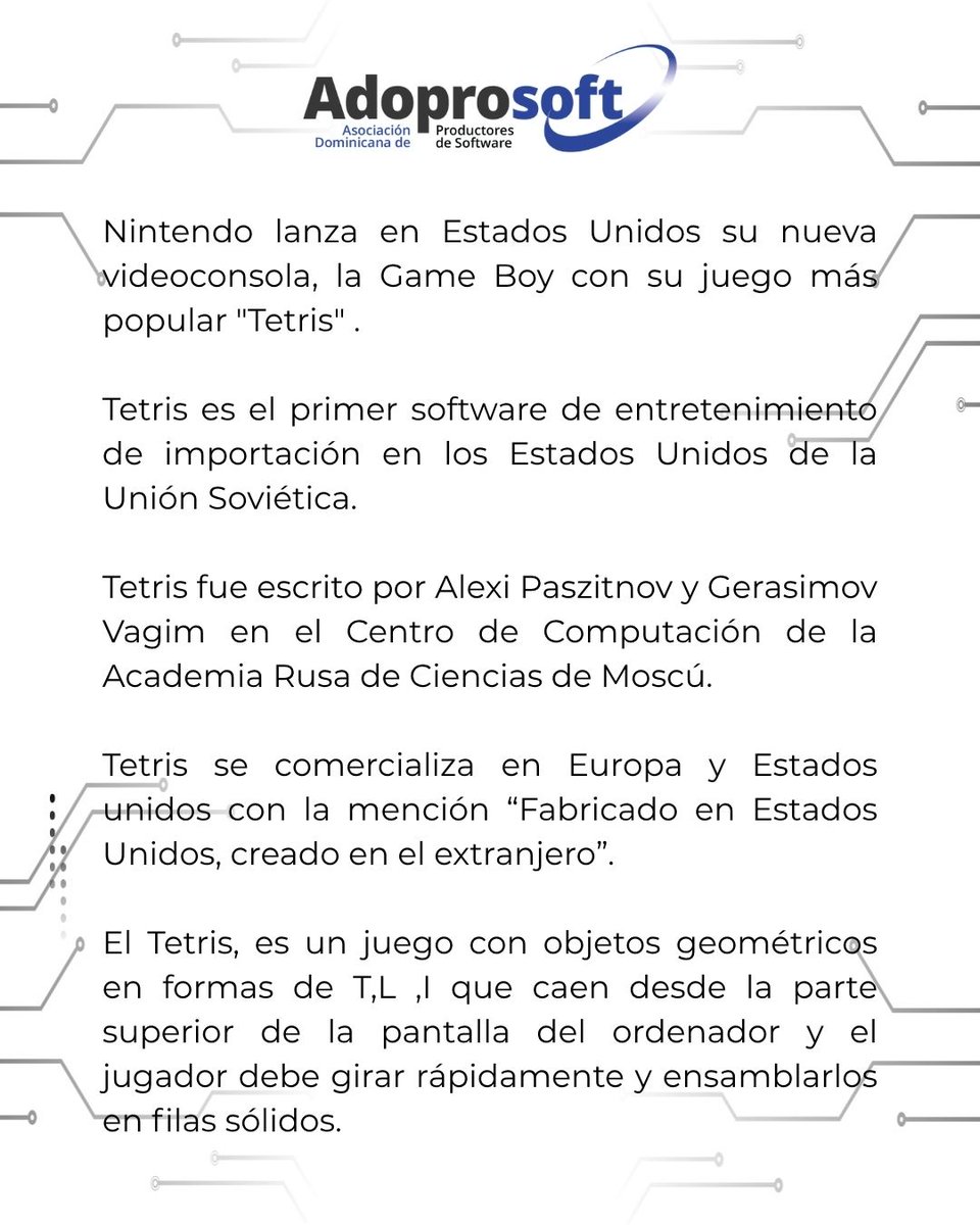 adoprosoftrd's tweet image. 29 de abril de 1989 🎮
Tetris llega a EE.UU. junto a la Nintendo Game Boy
Creado por Alexey Pajitnov, se convirtió en el primer gran software de entretenimiento de la URSS en conquistar Occidente #adoprosoftrd #Tetris #Gaming #Retro #HistoriaTech #Videojuegos #GameBoy #Innovación