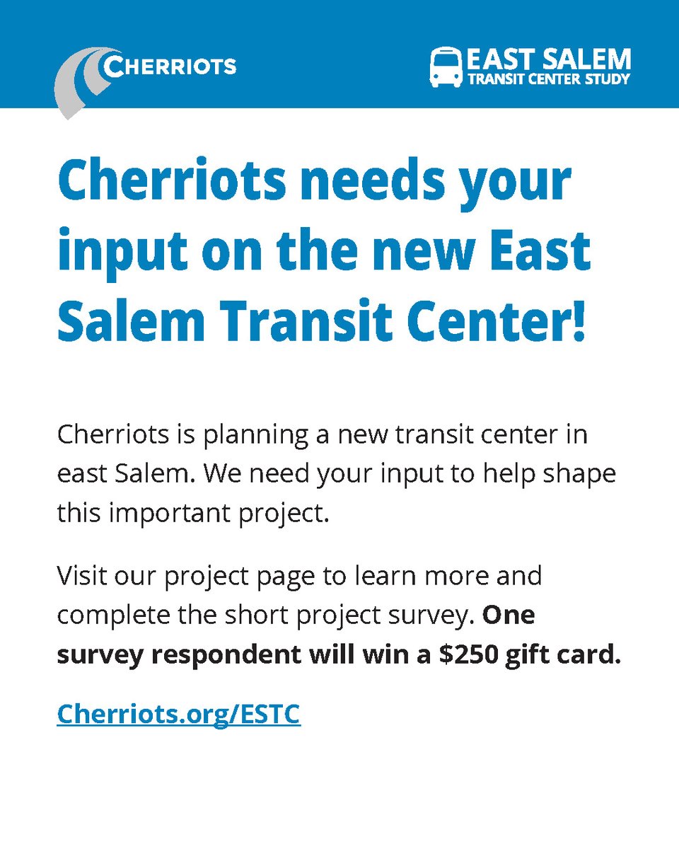 Cherriots's tweet image. $250 winner? Could be you...

Complete the survey about our East Salem Transit Center!

#salemoregon #survey