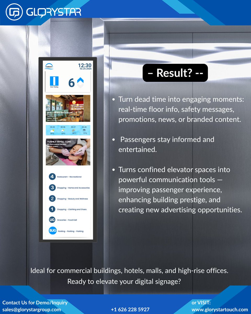 glorystartouch's tweet image. Elevator rides will NEVER be boring again!
Say hello to Capella Stretched Display  ultra-wide, super bright, slim design perfect for tight elevator spaces, turning every floor into a mini cinema!
Perfect for #ads, #buildinginfo, #promotions, or just making the ride way more fun.