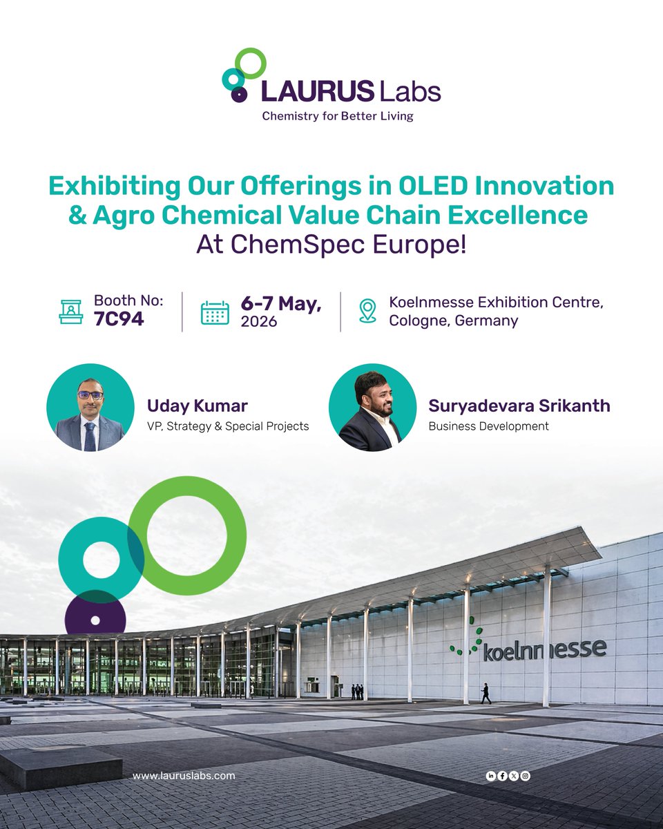 LaurusLabs's tweet image. Laurus Labs will be at Chemspec Europe, Cologne, on May 6–7. Visit us at Booth 7C94 to connect with our team and discover our capabilities across the OLED &amp;amp; Agro Chem Value Chain. #ChemspecEurope #LaurusLabs #PharmaInnovation