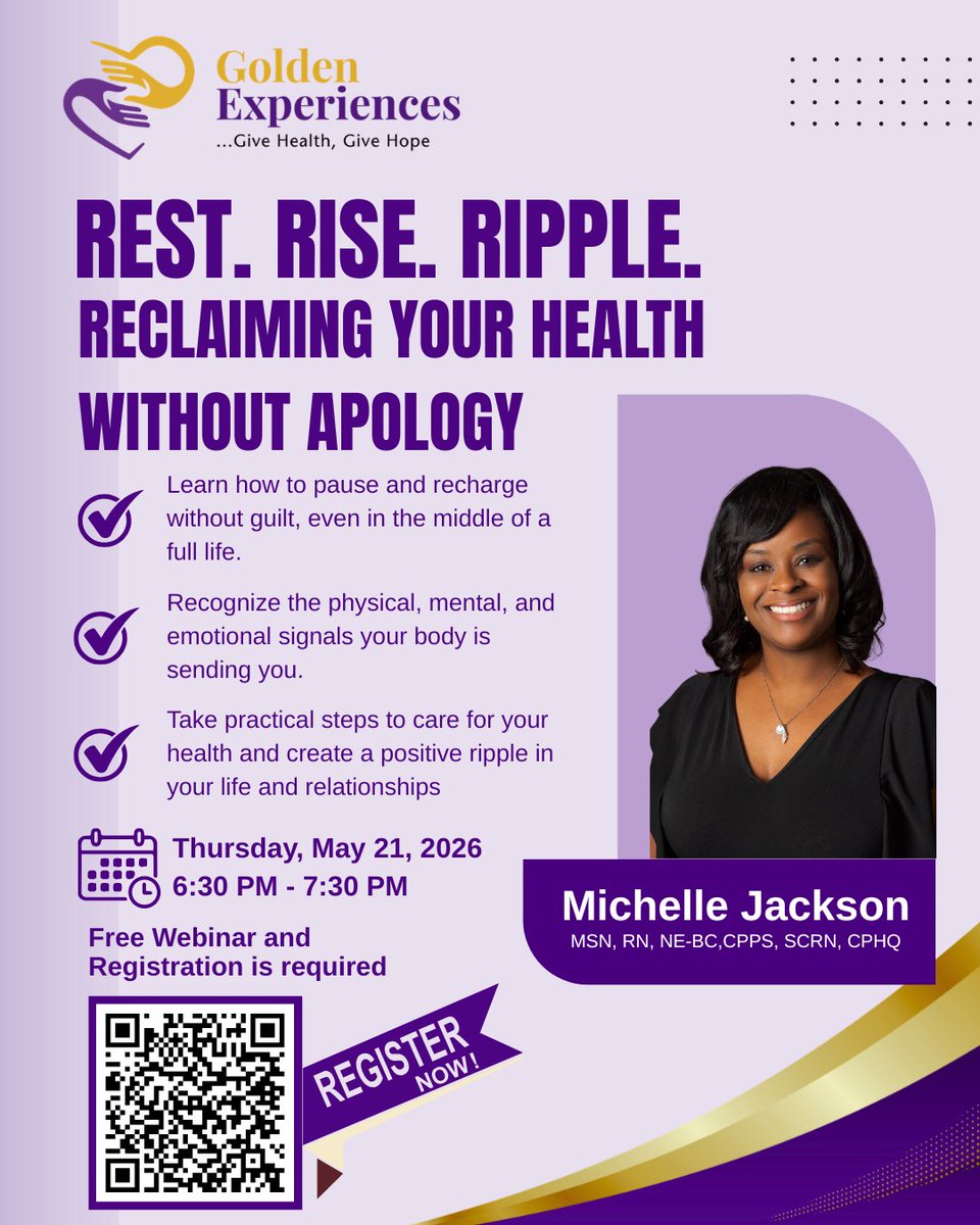 GoldenExp_Inc's tweet image. Choose you. 💜

Rest. Rise. Ripple.
✔ Slow down
✔ Tune in
✔ Take action

🗓 May 21, 2026
⏰ 6:30 PM to 7:30 PM
🎟 FREE webinar

🔗 bit.ly/4tFKXNI

#GoldenExperiences #SelfCare