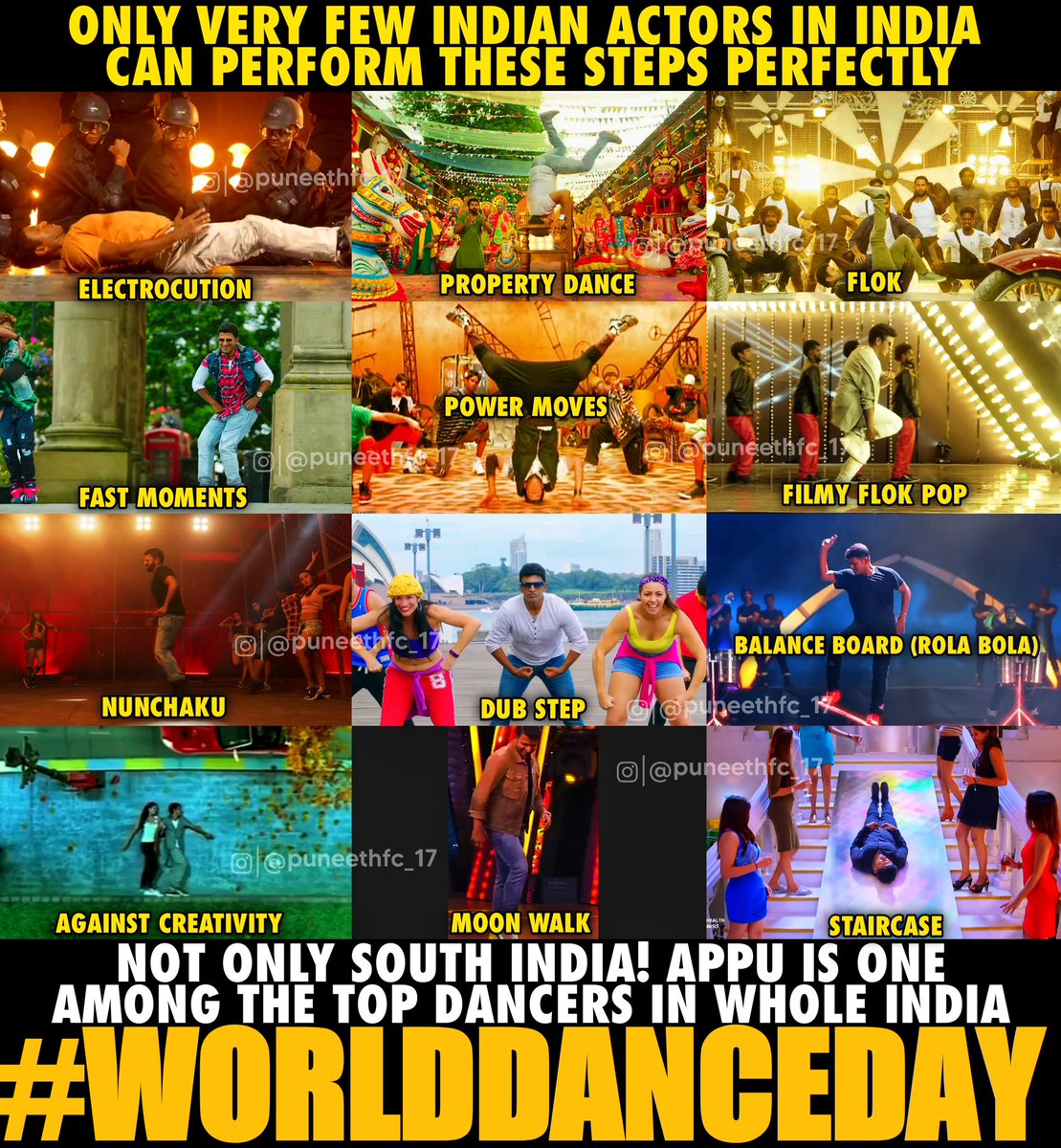 International Dance Day 🕺

<a href="/PuneethRajkumar/">Puneeth Rajkumar</a> 

#WorldDanceDay #PowerStar #PuneethRajkumar #DrPuneethRajkumar #PuneethFC