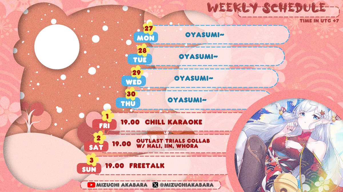 MizuchiAkabara's tweet photo. Hahoooo!! P Skemjul
WEEKLY SCHEDULE
❤️General: #MizuchiAkabara
🤍LIVE: #MizuLine
❤️Fanart: #MizucINK
🤍Memes: #TawaChi
❤️Clip: #MizuClips
🤍Singing: #MizuSing https://t.co/vur5puFm5K