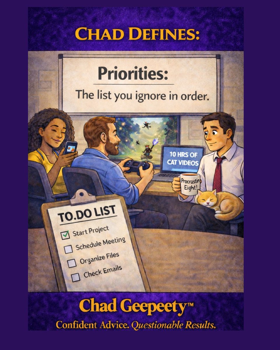 ChadGeepeety's tweet image. Priorities:
The list you ignore… in order.

New AI cartoon:

chadgeepeety.com/cartoons/chad-…

Confident advice. Questionable results.

#productivity #techhumor