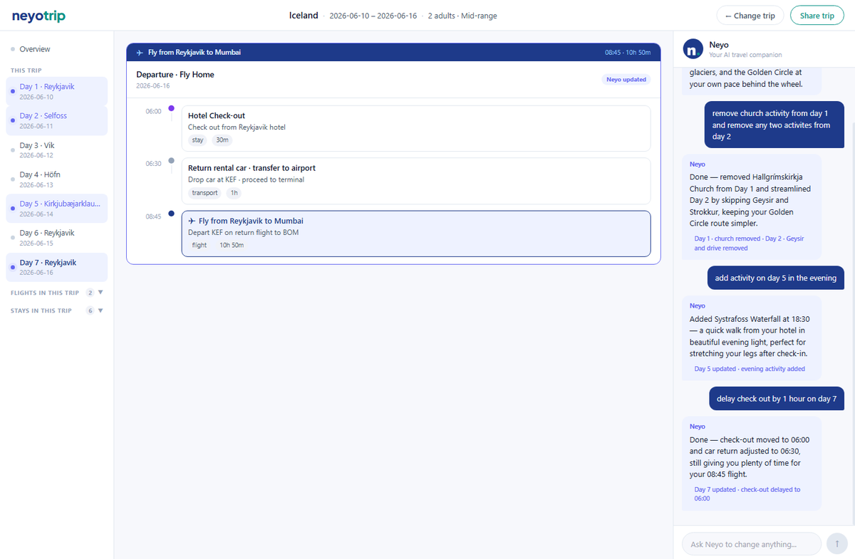 NeyoAI_Vibe's tweet photo. We just launched neyotrip (Beta) — and it solves the “47 tabs problem” for travellers.

Planning a trip today looks something like this:
✈️ Open one tab for flights
🏨 Open another for hotels
📍 Search “best places to stay in Bali”
🧵 Read a Reddit thread from 2019
🎥 Watch 3 YouTube vlogs
📖 Open blog after blog...

And before you know it:
47 tabs open.
3 hours gone.
Zero decisions made.

Travel planning is broken.

So we built neyotrip — an AI-powered travel planner that creates your complete trip itinerary in 60 seconds.

Flights from your city.
Hotels.
Activities.
Day-by-day plans.
Total trip cost in INR.

All in one place.

And the best part? You can instantly customise your itinerary by simply telling Neyo what you want:

“Skip Day 3 museum, add a cooking class, make Day 5 more relaxing, start late on Day 2.”

Neyo updates the entire itinerary in seconds — intelligently adjusting everything else to keep your trip perfectly balanced.

No back-and-forth.
No waiting 1–2 days for revisions.
No travel planning chaos.

Just smart, instant trip planning powered by AI.

Today, we’re opening up free beta access for Indian travellers.

✅ No account required
✅ No credit card required

Try it here 👇
https://t.co/jOsVEzjXpX

Would love your feedback as we build the future of travel planning.
