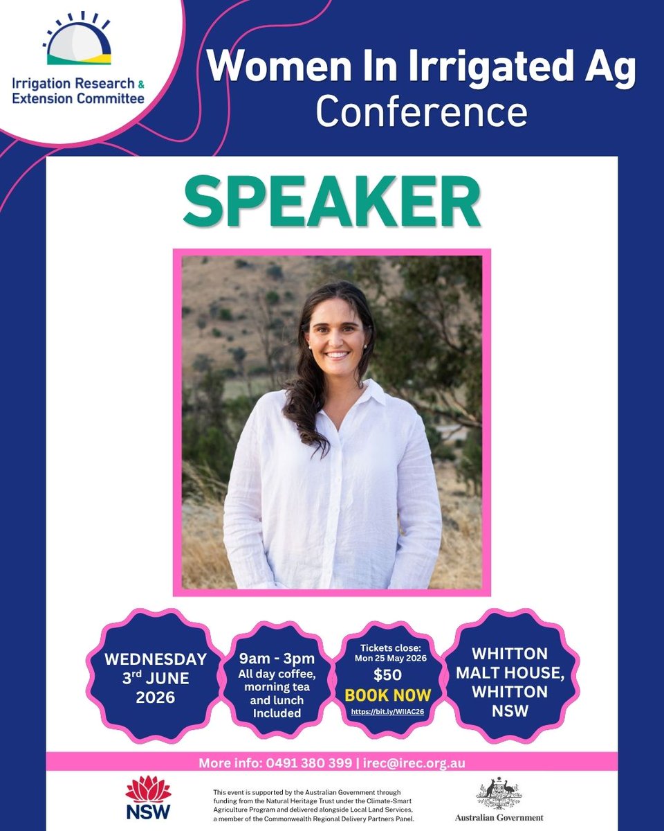 IRECNSW's tweet photo. Speaker Announcement🎙️- Tessa Eaglesham, owner of Headland Australia! Tessa will be Speaking at our Women In Irrigated Ag Conference on AI with WHS and HR!
🎟️TICKETS: https://t.co/FWtUeY5553
#IREC #WIIAConference #Womeninirrigatedag @DAFFgov @LLS @LLSRiverina https://t.co/4t4nI1qJ1b