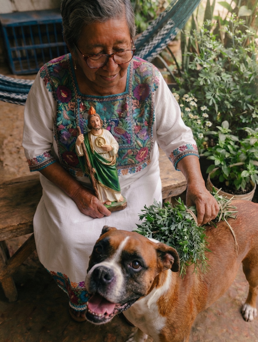 abuelitasmayas's tweet photo. Martes de Limpieza Espiritual y Poderosa Protección 🐾🌿✨¡A los que nos dan amor incondicional nada los toca! Nuestros niños peludos son esponjas de energía y también sufren por las envidias. 
Por eso, hoy decreto salud y luz sobre ellos. 
Prepara tu atado de Ruda y Romero en agua con sal, y mientras lo pasas bien mojado desde su cabeza hasta su colita, repite con fe: 
"Bajo el manto poderoso de San Judas Tadeo, mi abogado y protector, declaro a mi niña libre de toda envidia, enfermedad y mala vibra. San Juditas, te la entrego en tus manos: consérvamela sana por muchos años y sé tú el guardián de mi puerta. ¡Que no entre a mi casa ni el mal viento ni la mala voluntad de nadie!" 
🙏🛡️¡Cuidemos con el alma a quienes nos cuidan con su presencia! ✨🐕#SanJudasTadeo #PoderosaProteccion #LimpiaEspiritual #AmorPerruno #FeYEsperanza🙏 #Proteccion 
Fotografía Mariano Herrera, Abuela y Maya