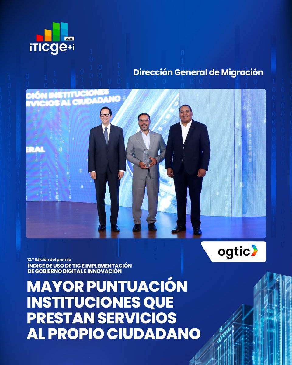 OGTICRDO's tweet photo. Desde el #iTICge+i2025, destacamos a las distintas instituciones, impulsan con visión, compromiso y resultados el crecimiento del Gobierno Digital en la República Dominicana 
En esta edición, destacamos la labor de:
 @DigecogRD 
 @MigracionRDo 

#GobiernoDelFuturo
#TransformaciónDigital