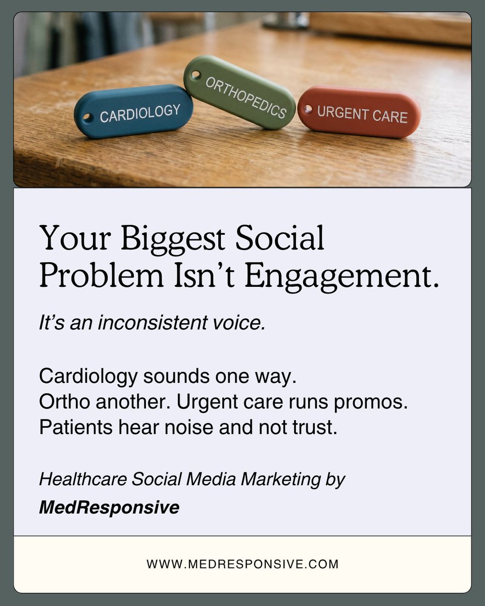 med_responsive's tweet image. In healthcare, social media doesn’t fail from low engagement. It fails from inconsistent voice across service lines.

Consistency is what builds trust.

We help healthcare teams bring structure to social media.

tinyurl.com/Healthcare-SM-… 

#HealthcareSocialMedia #BrandTrust