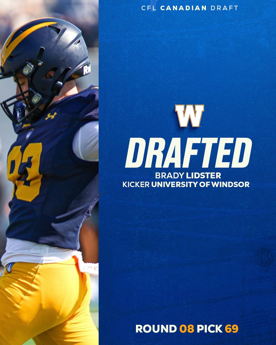Wpg_BlueBombers's tweet photo. With the 69th overall pick in the 2026 CFL Canadian Draft, we have selected kicker Brady Lidster out of the University of Windsor. 

#ForTheW https://t.co/07mSowv4fW