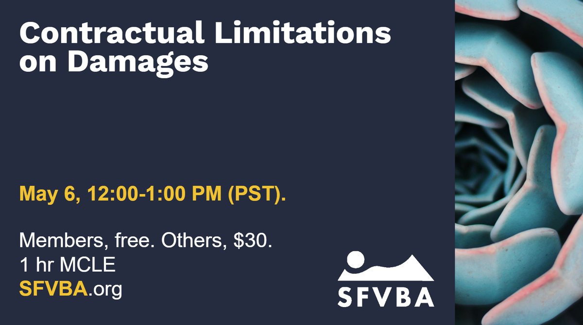 sfvba's tweet photo. Damages! "Contractual Limitations on Damages." May 6. Easy registration: https://t.co/BeGYnm33kO.

In New England Country Foods, LLC v. VanLaw Food Products, Inc., the California Supreme Court interpreted Civil Code section 1668 to prohibit “limitations on damages for willful injury to the person or property of another.” In this webinar, Attorney David Axelrad will take a look at the meaning and purpose of section 1668, analyze the Supreme Court’s decision, and examine policy implications of the Court’s statutory interpretation.