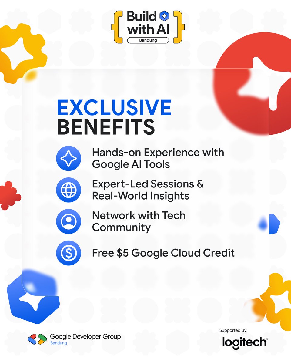 GDGBandung's tweet photo. Your seat is waiting, but it won’t stay empty for long.

What you’ll gain:
1. Hands-on Experience with Google AI Tools
2. Expert-Led Sessions &amp; Real-World Insights
3. Network with Tech Community
4. Free $5 Google Cloud Credit

Ready to jump in?
🔗https://t.co/LmYNnUeJBb https://t.co/0neZmm6Bq8