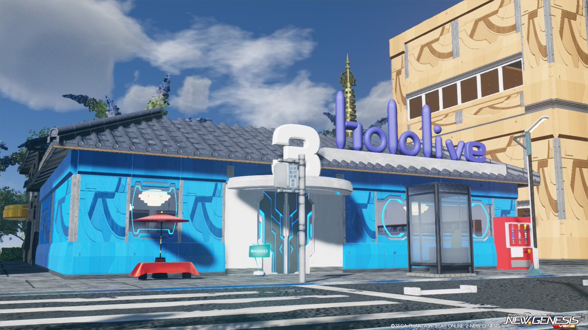 rin_progress's tweet photo. 【新CS】ホロライブタウン
CS番号：259748 946356 (4鯖)

ホロぐらでお馴染みの建物を中心にロータリー前にある商業地区をイメージして作成しました！
9割創作で地下鉄入口や交番、自販機や細かいところも是非お越しください！
#PSO2NGS_SS #りぃちゃぷそ日誌 
#クリエイティブスペース #4鯖のリオナ https://t.co/cCSdHn6vuC