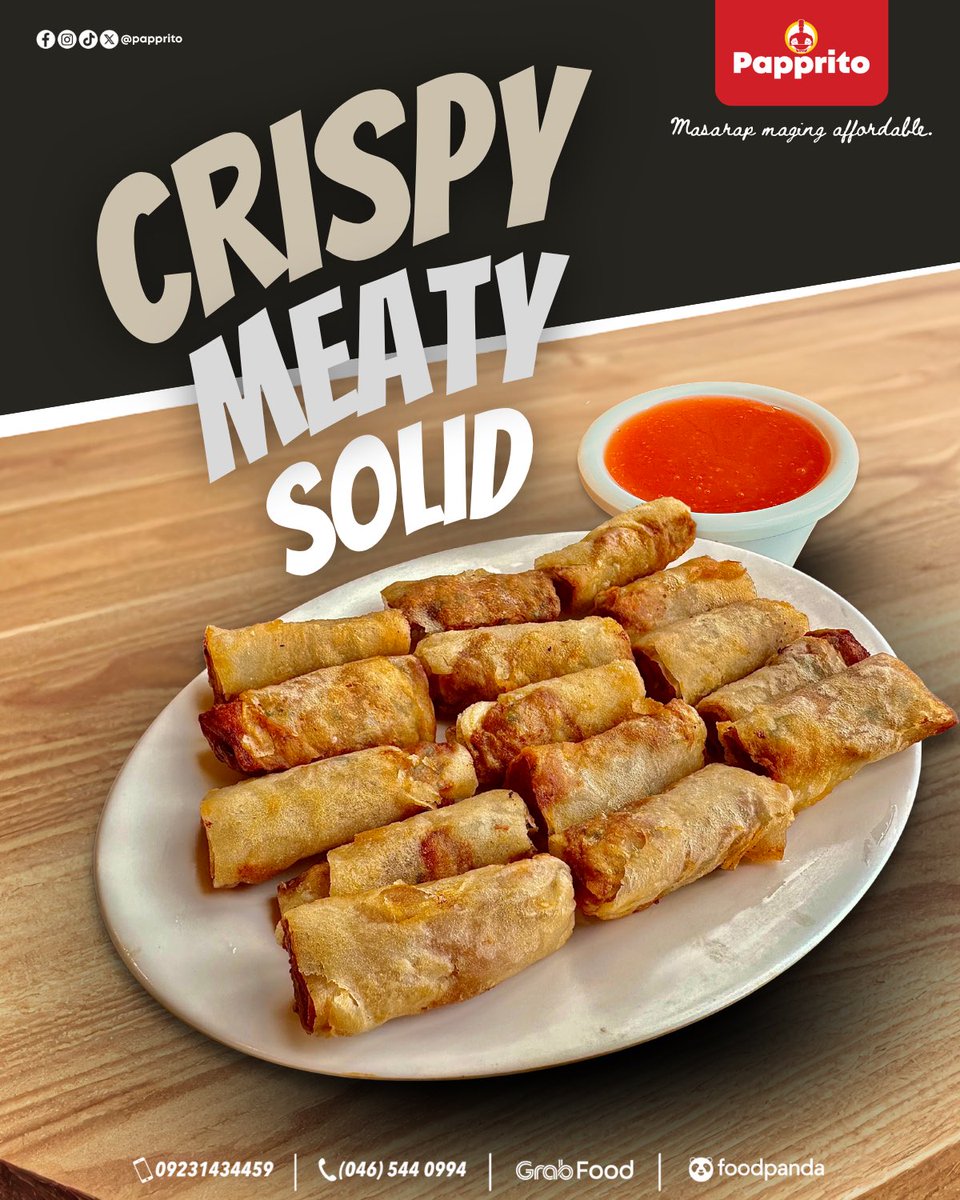 Papprito's tweet photo. Stop scrolling. Start crunching! 🔊

Pagod sa Shanghai na puro balat? Sa Papprito, siksik sa laman at laging crispy! ✨

🥩 Solid &amp; Meaty
🔥 100% Crunchy

🚩 Rotunda &amp; Mahogany, Tagaytay
🛵 0923-143-4459 | Grab | foodpanda

#Papprito #TagaytayEats #SolidSarap #LumpiaPH #Shanghai https://t.co/QEDDAbD42z