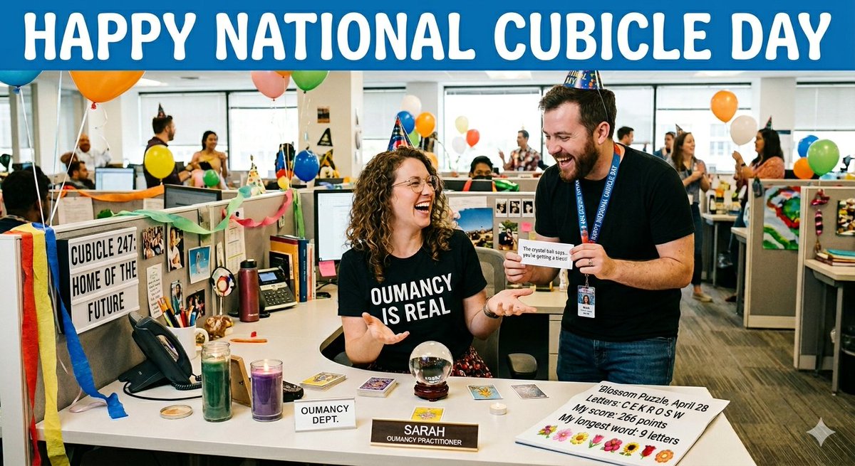 2God4em's tweet image. Happy #NationalCubicleDay! 🏢
While everyone else is just decorating their desks, I’m using #Oumancy to get the real answers. My coworkers are still trying to figure out how I know what's coming before the "reply all" emails even hit. 🔮✨

#BlossomPuzzle
merriam-webster.com/games/blossom-…