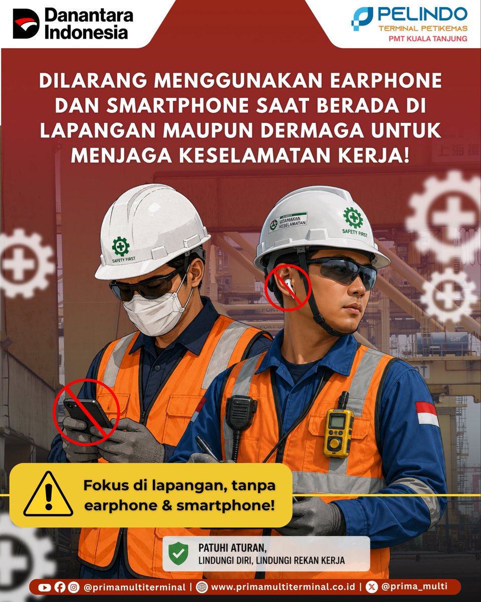 prima_multi's tweet photo. Di area operasional, satu distraksi kecil bisa berdampak besar. Karena itu, penggunaan earphone dan smartphone saat berada di lapangan maupun dermaga dilarang demi menjaga keselamatan bersama. Tetap waspada, patuhi aturan, dan saling menjaga satu sama lain.

Safety first. Selalu. https://t.co/DOHfZhLIbe
