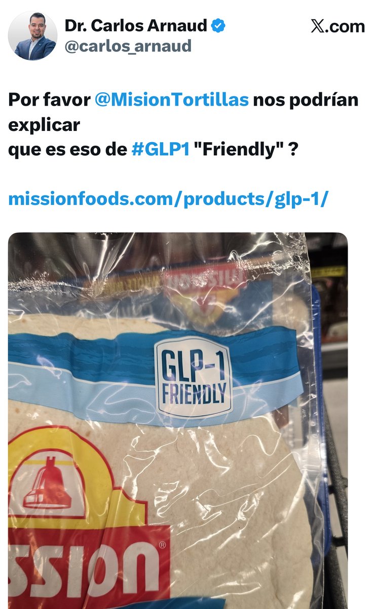 Ayer me picó la curiosidad el tweet de <a href="/carlos_arnaud/">Dr. Carlos Arnaud</a> sobre las tortillas de harina "#GLP1 friendly" de <a href="/MissionFoodsUS/">Mission Foods 🌮</a>. Ya intuía que echarme un clavado iba a tomar un rato, pero los datos son interesantes.  Va un 🧵 de #CosasDeAlimentos. 1/10