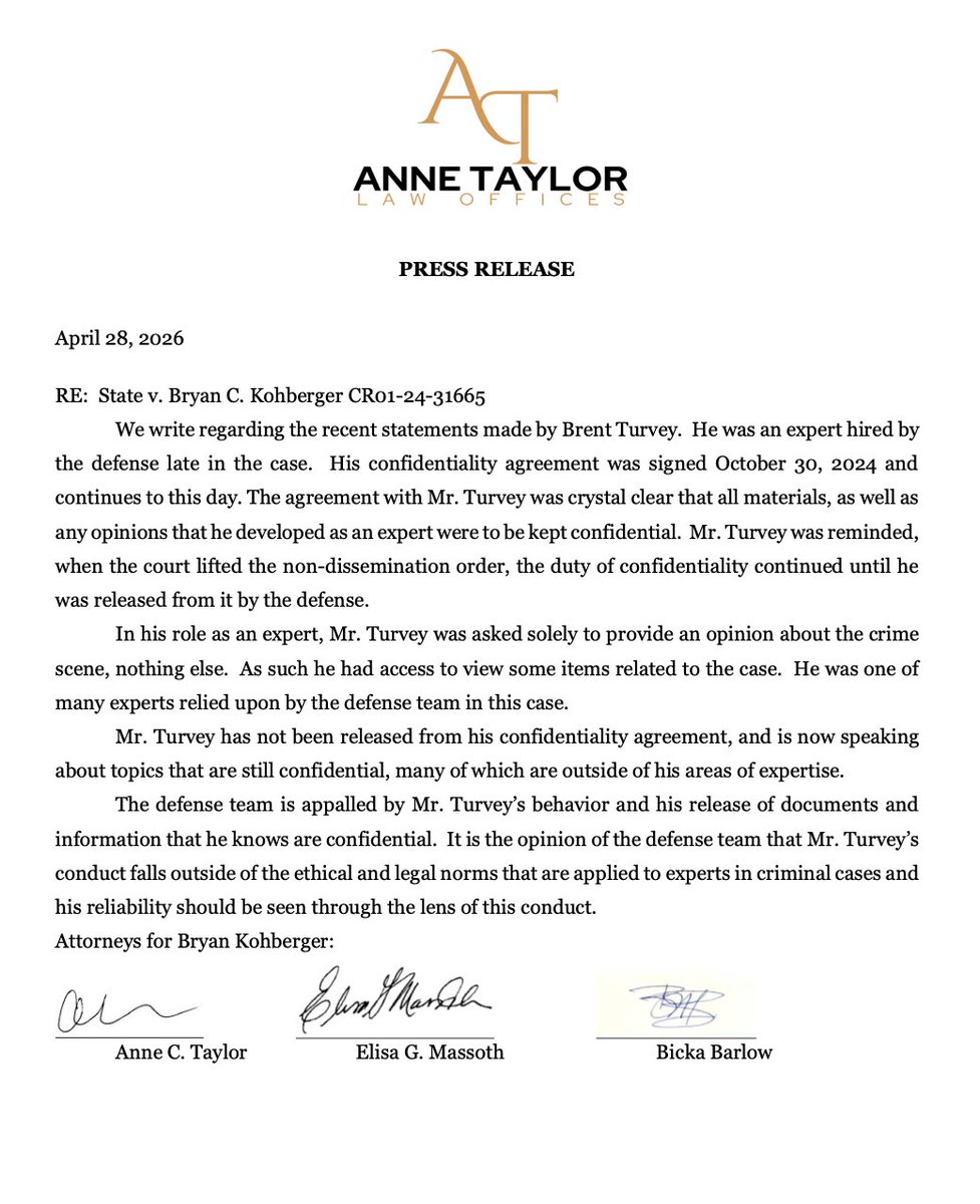 BrianEntin's tweet image. Bryan Kohberger's attorney Anne Taylor is not happy their defense witness. Dr. Brent Turvey has been talking.
This is the first statement I can remember Anne Taylor ever releasing.