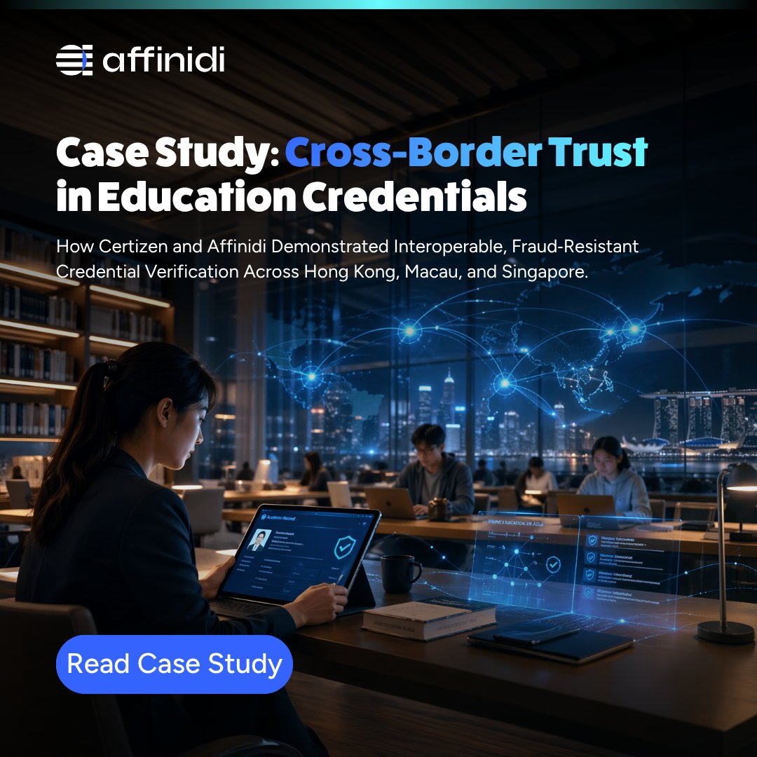 affinidi's tweet photo. What would it take to make academic credentials instantly verifiable across borders? This case study explores how Certizen and Affinidi demonstrated a fraud-resistant, interoperable trust model for education credentials across Hong Kong, Macau, and Singapore.

From portable verifiable credentials to real-time trust checks, it shows how cross-border verification could become faster, safer, and far less manual. 

Read the full case study on our website: https://t.co/e6zSh2CfLE