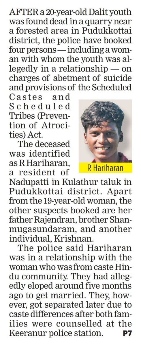 pearsonlenekar's tweet image. Dalit youth's family demands murder charges against caste Hindu family in #Pudukkottai, alleging involvement in his death

Timeline and the issue

April 21: R. Hariharan (20), a Dalit youth from Nadupatti in Pudukkottai, went missing after allegedly receiving a phone call from a