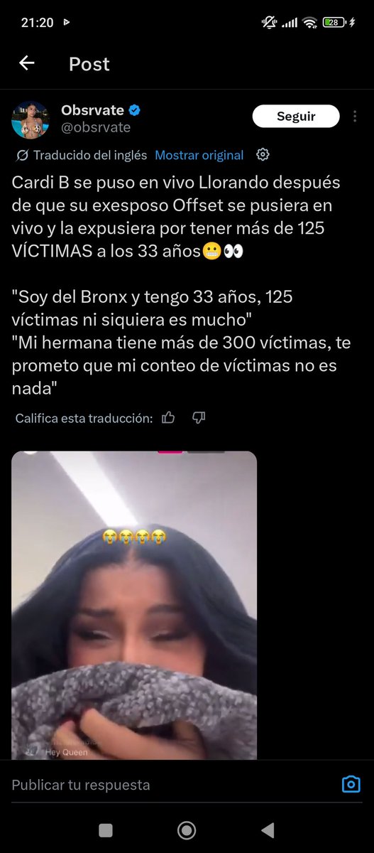 Creo que la traducción automática hizo de las suyas en el asunto de Cardi B, los latinos leímos victimas y presumimos los peor