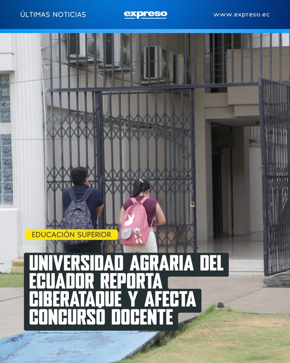 Expresoec's tweet photo. La Universidad Agraria del Ecuador reportó un ciberataque que afectó su página web institucional y el desarrollo de un concurso docente. La alerta fue difundida la noche de este martes 28 de abril.

Todos los detalles 👉 https://t.co/R1lqwiOXid https://t.co/gkXxlgtCeF