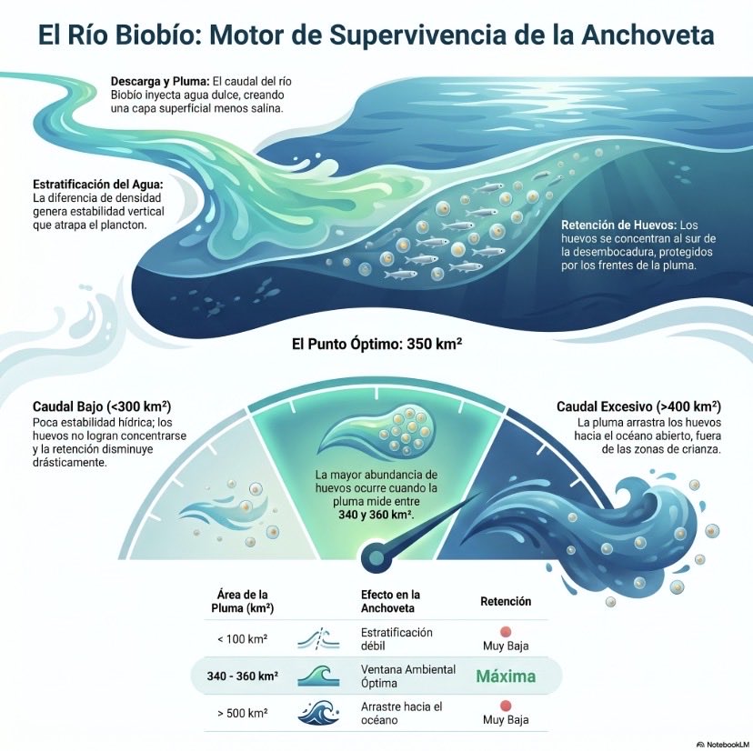 CubillosS_L's tweet photo. El Río Biobío influye en el reclutamiento de la anchoveta en el Golfo de Arauco. La descarga forma una pluma que retiene huevos y larvas, aumentando su supervivencia vía retención dentro de un umbral óptimo. Una megasequía podría alterar este proceso clave. 👇🏻 https://t.co/2NG1ln5Xiq