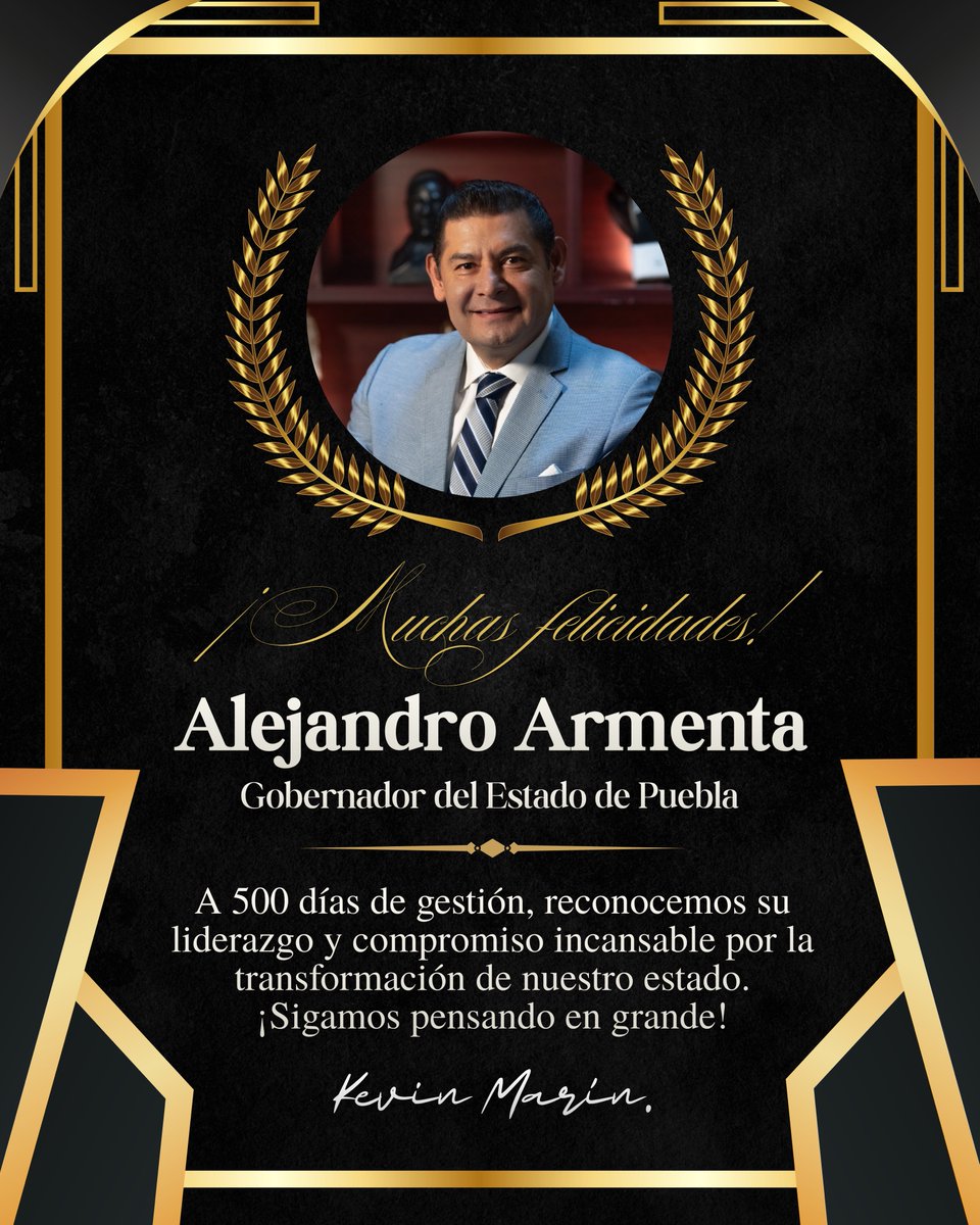 Hoy celebramos 500 días de un gobierno que trabaja con el corazón. Mi reconocimiento al gobernador <a href="/armentapuebla_/">Alejandro Armenta</a> por su liderazgo incansable y por transformar el futuro de nuestro estado con resultados que se sienten. ¡Muchas felicidades! 👏✨ 

#500DíasDeResultados