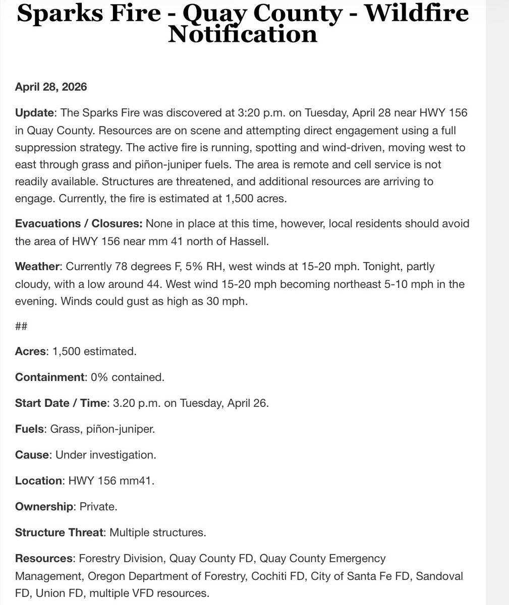 Bewickwren's tweet image. New #wildfire in Quay County 
04/28/2026
#SparksFire
#NMFire
🔥🔥🔥