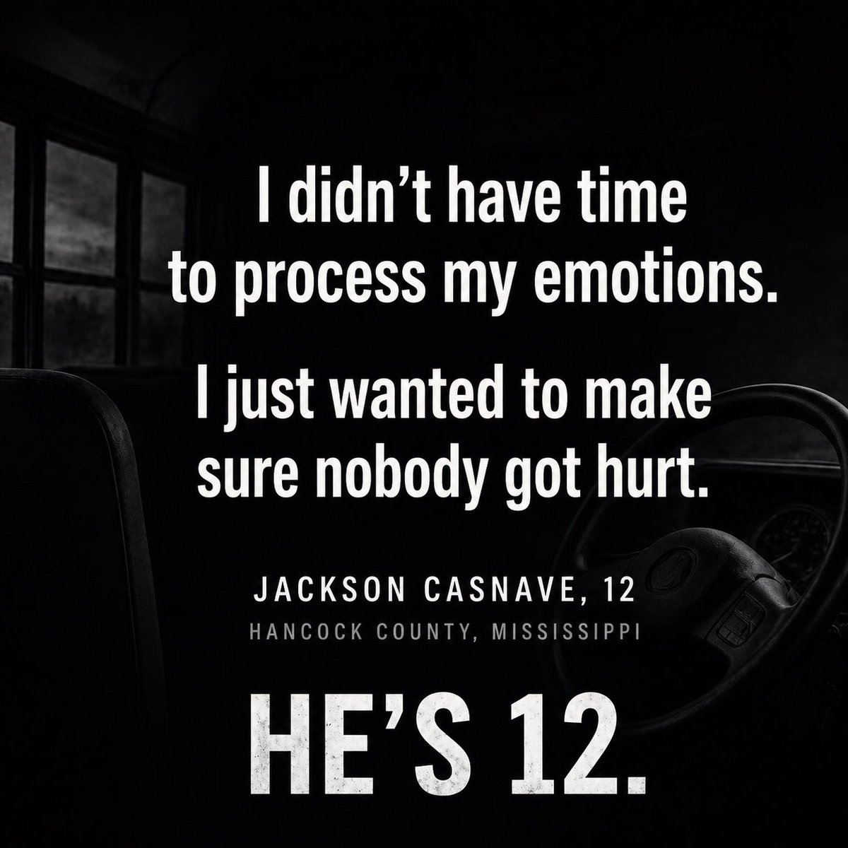 JakeCan72's tweet image. Did you see the footage from that Mississippi school bus?

Driver passed out at the wheel. Four-lane highway. 40 kids on board.

One grabbed the steering wheel. One hit the air brake. Two called 911. One pulled the inhaler from her hand and gave it to her.

No adult telling them