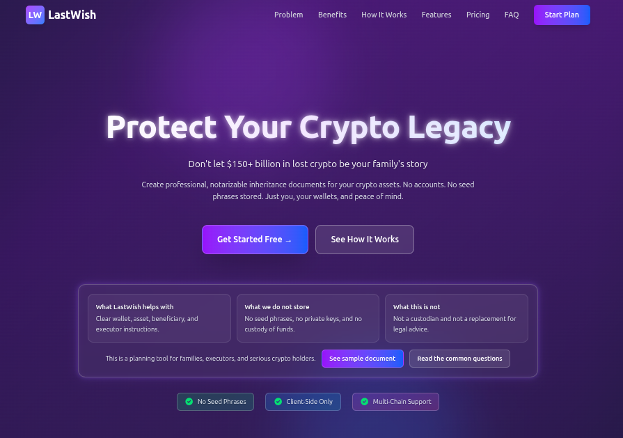 Artie_Fishal's tweet photo. Hey Everybody, 
I'm excited to have my project listed on @Giveth 
Here is the link, and we would be grateful, if you would like to help fund the project !!!

https://t.co/eTIDrETjFp

LastWishCrypto is a non-custodial “crypto inheritance packet” generator built for normal people—not lawyers or power users—who want their families to actually be able to recover assets if something happens.
The goal is simple: reduce the odds that families lose funds to confusion, mistakes, or scams during an already hard moment—while keeping users in control and keeping secrets off servers.