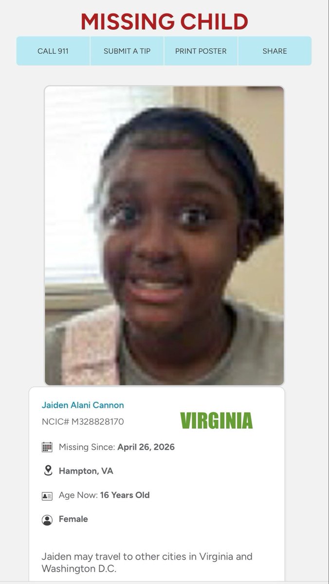 Ohio1ShyGirl's tweet image. #VIRGINIA   #JaidenAlaniCannon, 16  #MissingChild ‼️Please Share‼️ #MissingPerson  #MissingPeople 
☎️Hampton Police Department (VA) (757) 727-6111    missingkids.org/poster/NCMC/20…