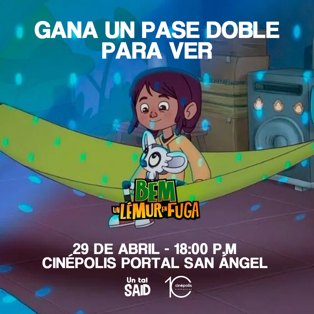 ElTalSaid's tweet photo. ¡Tenemos más pases para #BemUnLémurEnFuga! 🍿

La función es este MIÉRCOLES 29 de ABRIL a las 18:00 P.M en Cinépolis Portal San Ángel.

Si quieres ganar uno de los 10 pases dobles solo síguenos y sigue a @CinepolisDist y comenta que es lo que te gusta de la selva.

¡Suerte! 🍀 https://t.co/HlR638Hvc9