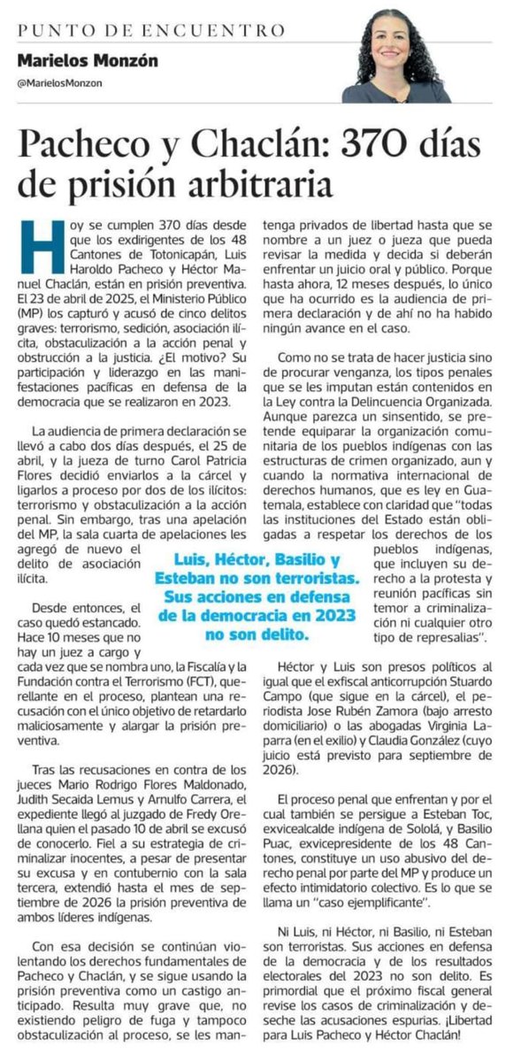 ✍️Luis Pacheco, Héctor Chaclán, Basilio Puac y Esteban Toc NO son terroristas ni sus acciones en defensa de la democracia son delito.
El proceso que enfrentan constituye un uso abusivo del Derecho Penal y produce un efecto intimidatorio colectivo.
¡Libertad para Héctor y Luis!👇