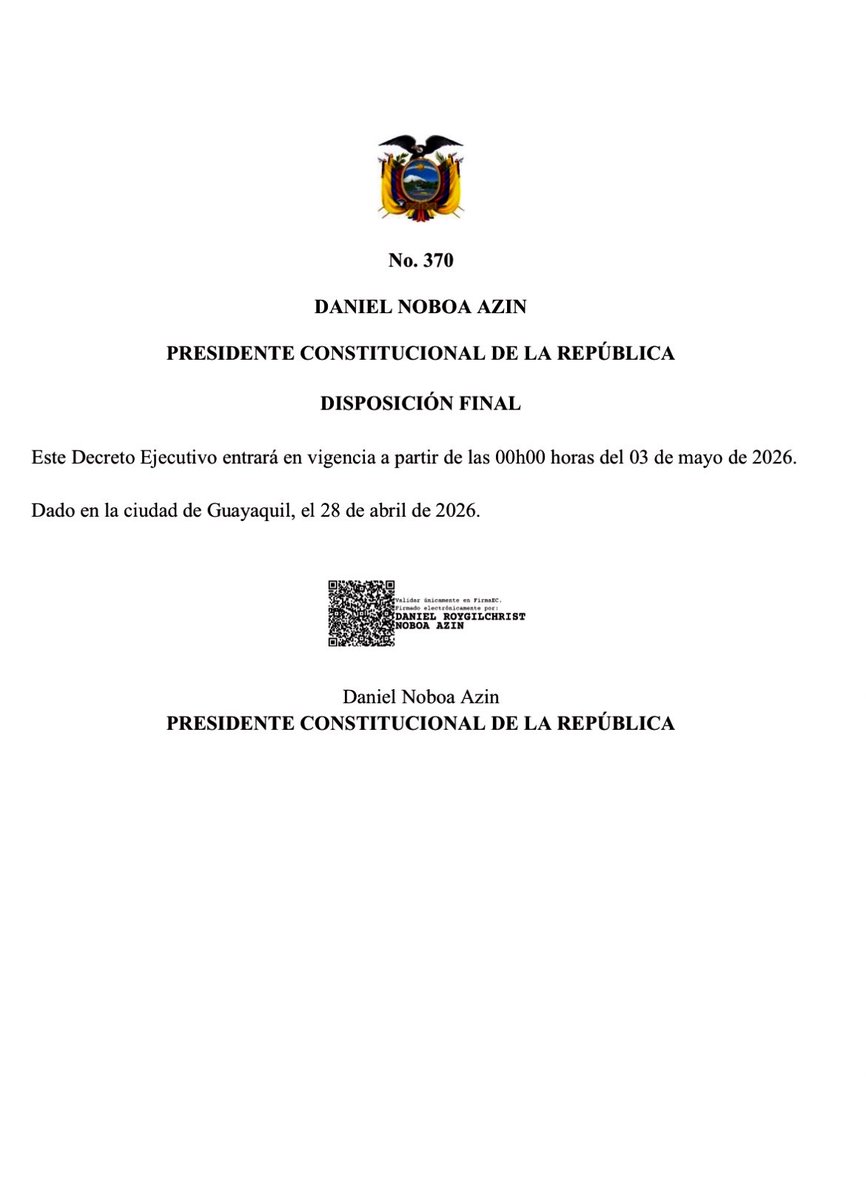 RadioRumbaEc's tweet photo. 📌Mediante Decreto N. 370 , el presidente Daniel Noboa, oficializó el toque de queda que regirá entre el 3 y el 18 de mayo y será partir de las 23:00 hasta las 05:00 en 9 provincias.

Se exceptúan de la suspensión del derecho de movilidad servicios de salud y fuerza pública. https://t.co/DJZzrfwue5