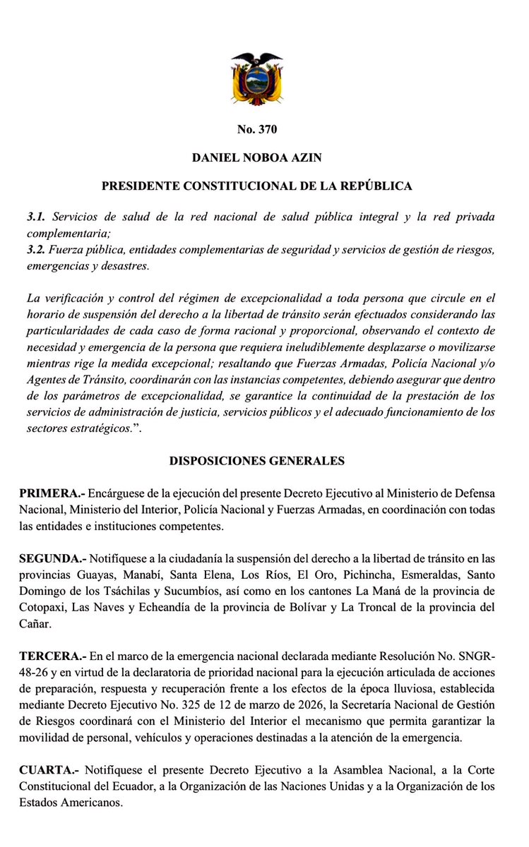 RadioRumbaEc's tweet photo. 📌Mediante Decreto N. 370 , el presidente Daniel Noboa, oficializó el toque de queda que regirá entre el 3 y el 18 de mayo y será partir de las 23:00 hasta las 05:00 en 9 provincias.

Se exceptúan de la suspensión del derecho de movilidad servicios de salud y fuerza pública. https://t.co/DJZzrfwue5