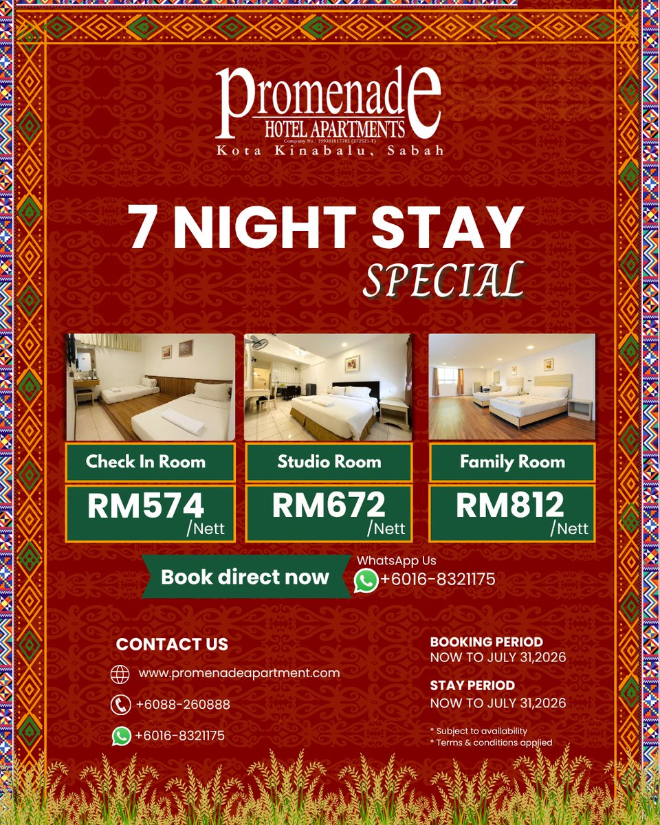 promenadeapt's tweet photo. A Week of Comfort in the Heart of Kota Kinabalu

    Settle in for a full week with clean, cozy rooms and easy access to the   city’s best spots. 

Relax, explore, repeat. 
 
    📲 Book direct &amp; save: https://t.co/4qoNlTFNTw
    📞 +6088 260888 / +60 16-832 1175 https://t.co/3NoZQWsrzO