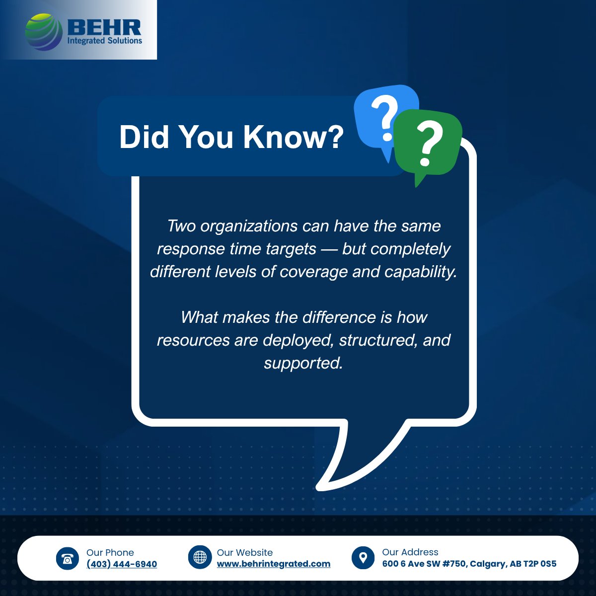 BehrIntegrated's tweet photo. Response time targets don’t tell the full story.

Coverage depends on how resources are deployed, structured, and supported in real operations.

Behr designs response models aligned to real risk and demand.

#TeamBehr #EmergencyManagement #OperationalPlanning https://t.co/HlDypBnS5h