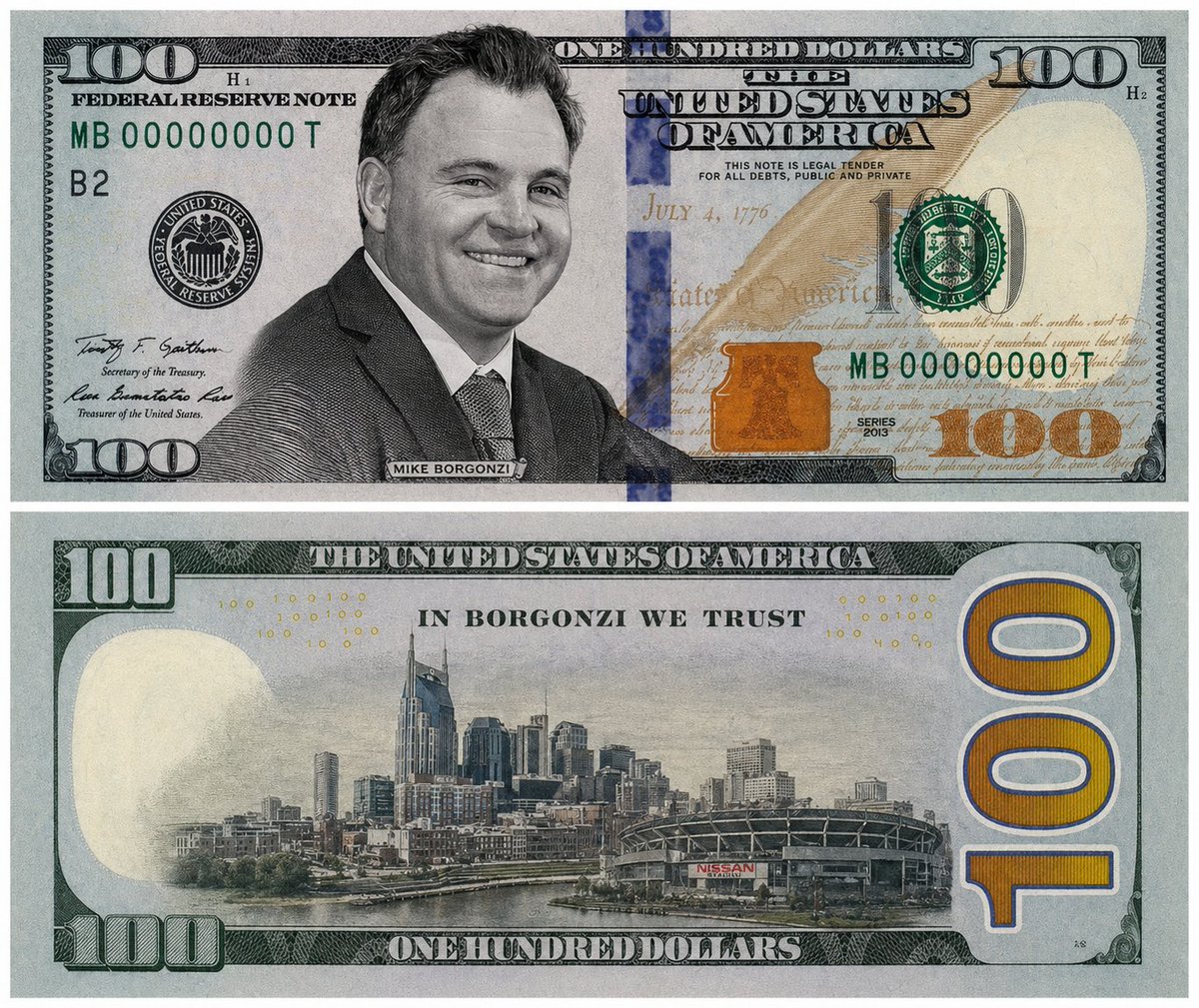 ChampagneKobe1's tweet image. New 100 dollar bill just dropped in #nashville 👀👀

#inborgonziwetrust #mikeborgonzi #titans #titanup #titanupwithkobe